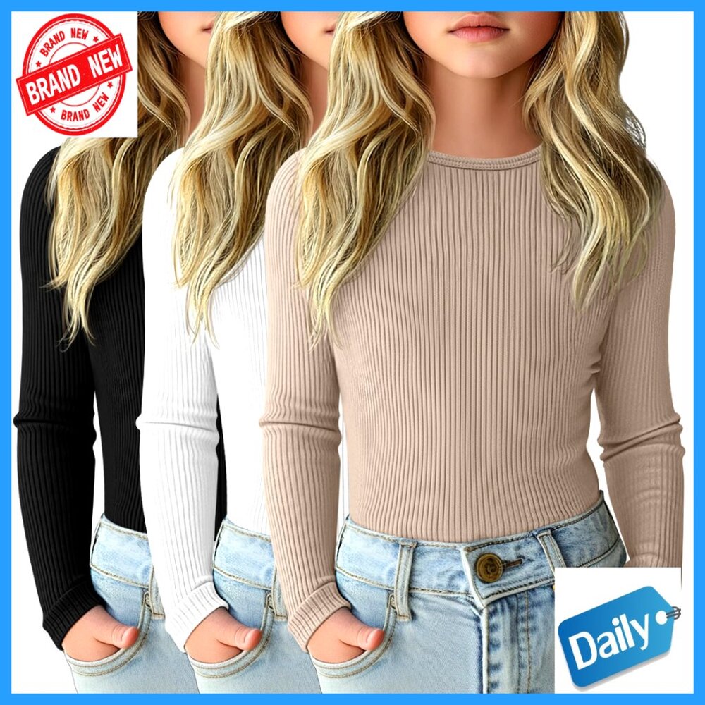 3 Pack Girls Long Sleeve Ribbed Cotton Tees Slim Fit Layering Tops